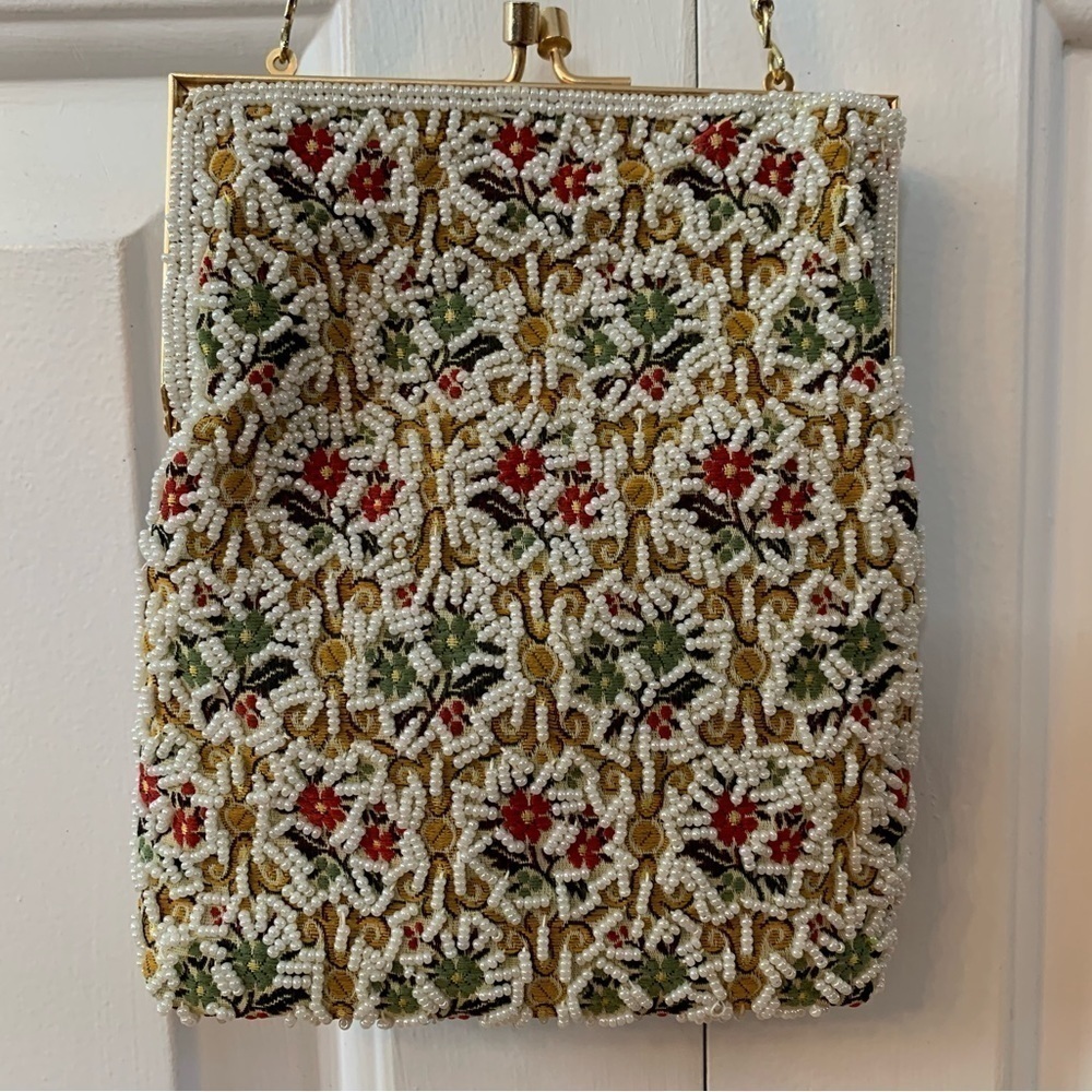 Du-Val Vintage Beaded Purse Made in Hong Kong Gold Tone Chain Flowers Multicolor - Picture 13 of 13